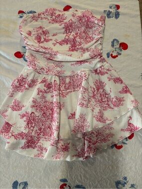Cider Strapless Mini Dress in White and Pink Toile Print
